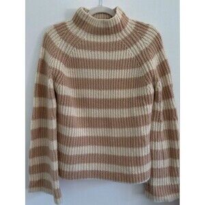 Maeve by Anthropologie Striped Ribbed Knit Mock Neck Pullover Sweater Beige S